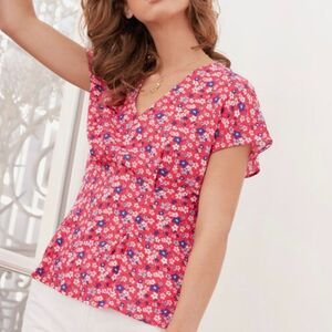 Comptoir Des Cotonniers Blouse Pink Floral Small Cap Sleeve Lightweight